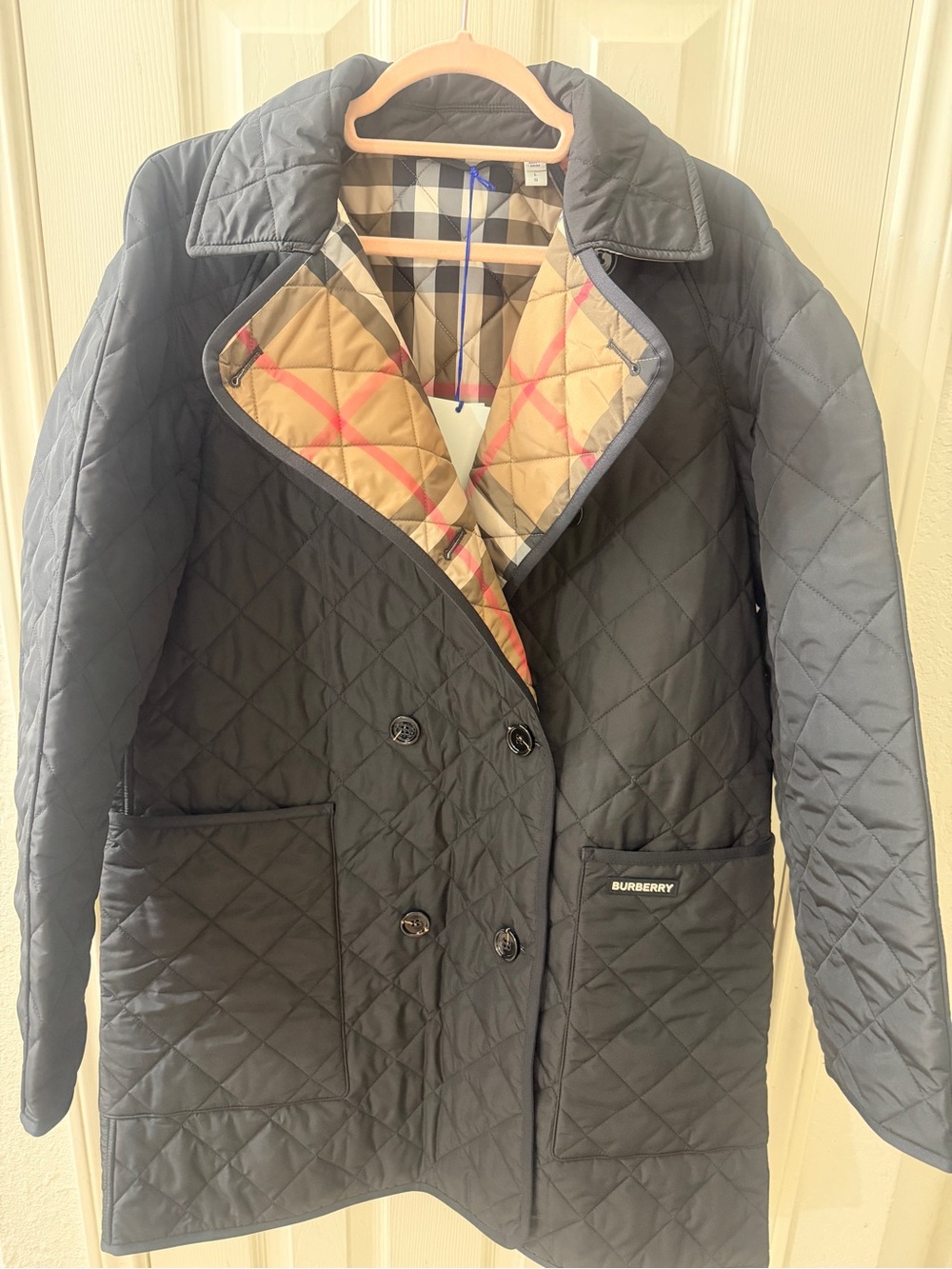 Burberry Navy Quilted Pea Coat with Signature Check Interior